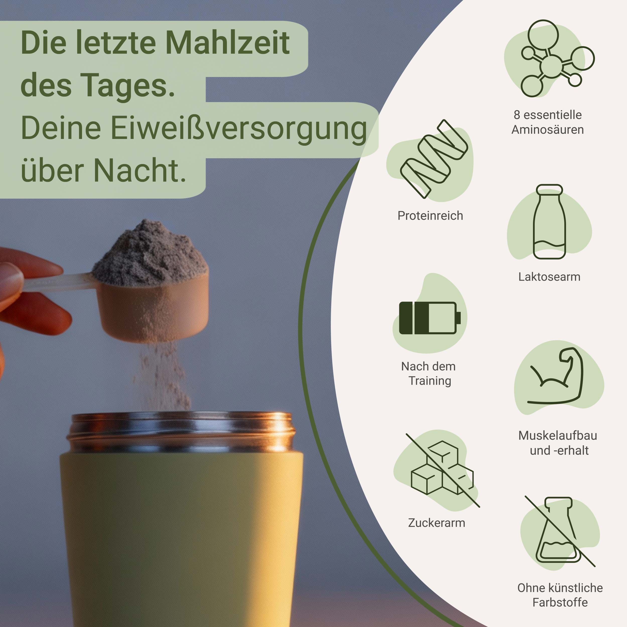 Pulver wird aus einem Löffel in einen Shaker geschüttet, daneben Icons mit Produkteigenschaften.