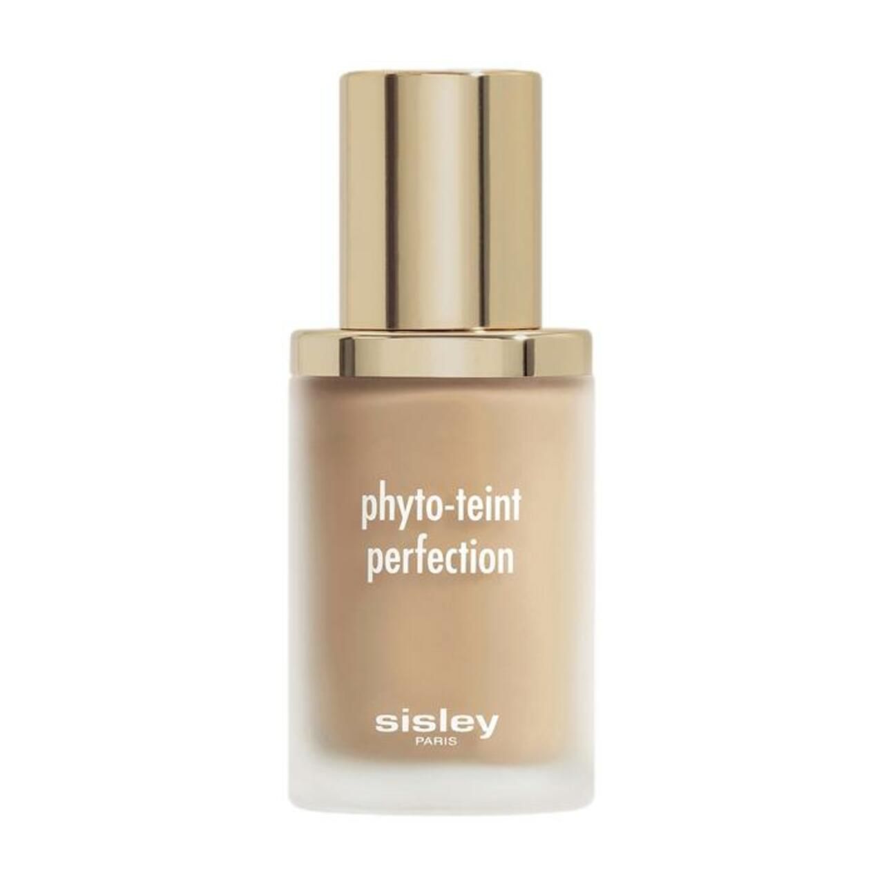 Sisley Phyto-Teint Perfection Foundation in einem Glasflakon mit goldenem Deckel. Der Farbton ist hellbraun.