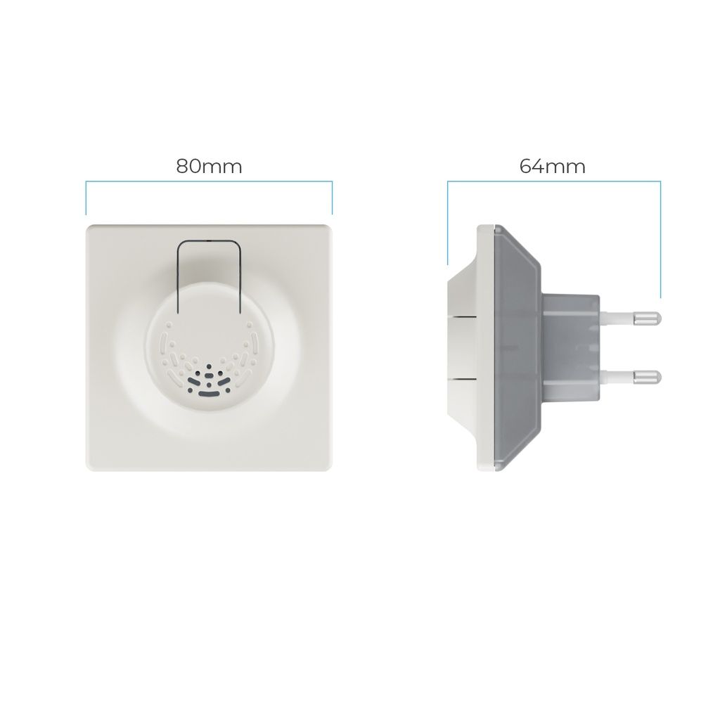Gerät gegen Hausstaubmilben, cremefarben. Maße: 80mm x 64mm. Steckeranschluss sichtbar.