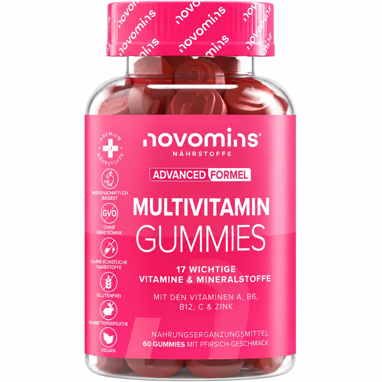Flasche "novomins MULTIVITAMIN GUMMIES" mit 17 Vitaminen & Mineralstoffen.