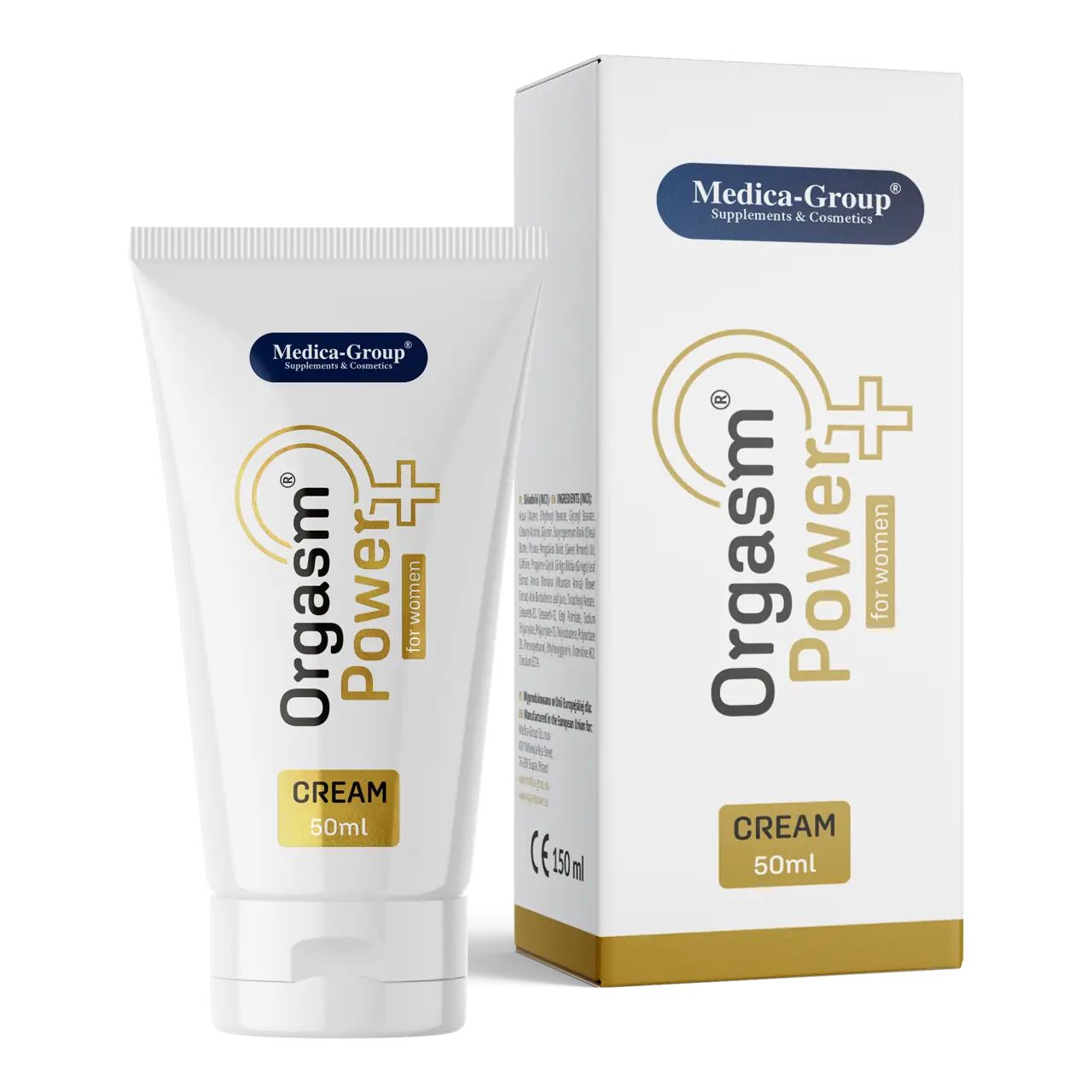 Produkt-Tube und Verpackung nebeneinander. Text: Orgasm Power for women, Creme 50ml. Marke: Medica-Group. CE-Kennzeichnung.