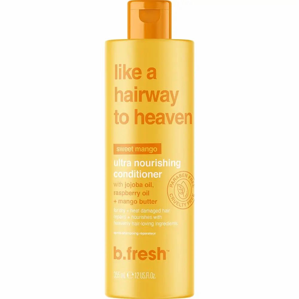 Gelbe Flasche mit Text: Like a Hairway to Heaven. B.fresh Logo. Parabenfrei-Siegel. Auf weißem Hintergrund.