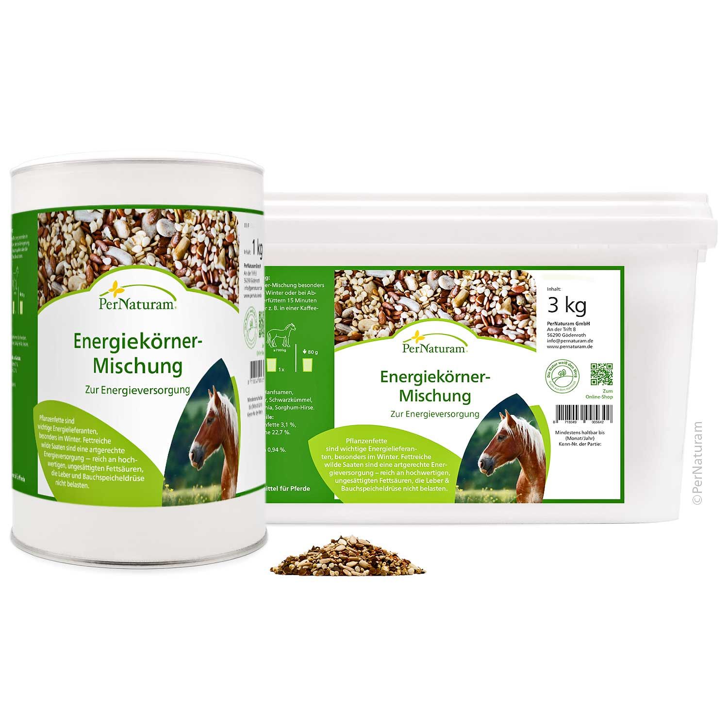 Zwei Behälter Energiekörner-Mischung. Dose und Eimer mit Produktbild und Text. Kleiner Haufen Körner davor.