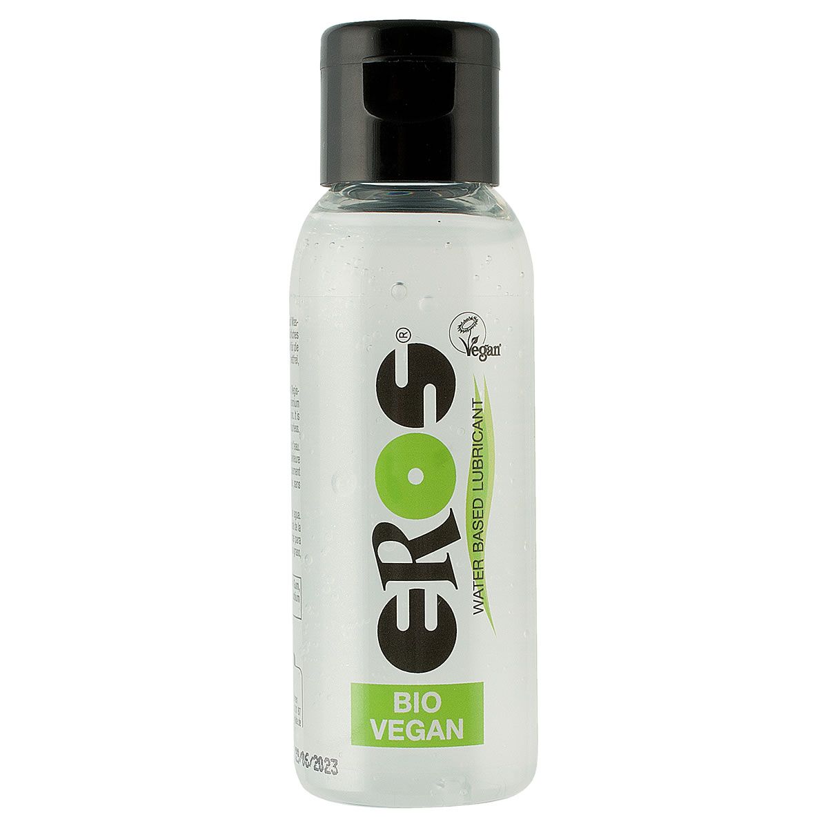 Klare Flasche mit schwarzem Deckel. Aufschrift: EROS, BIO VEGAN. Vegan-Siegel.