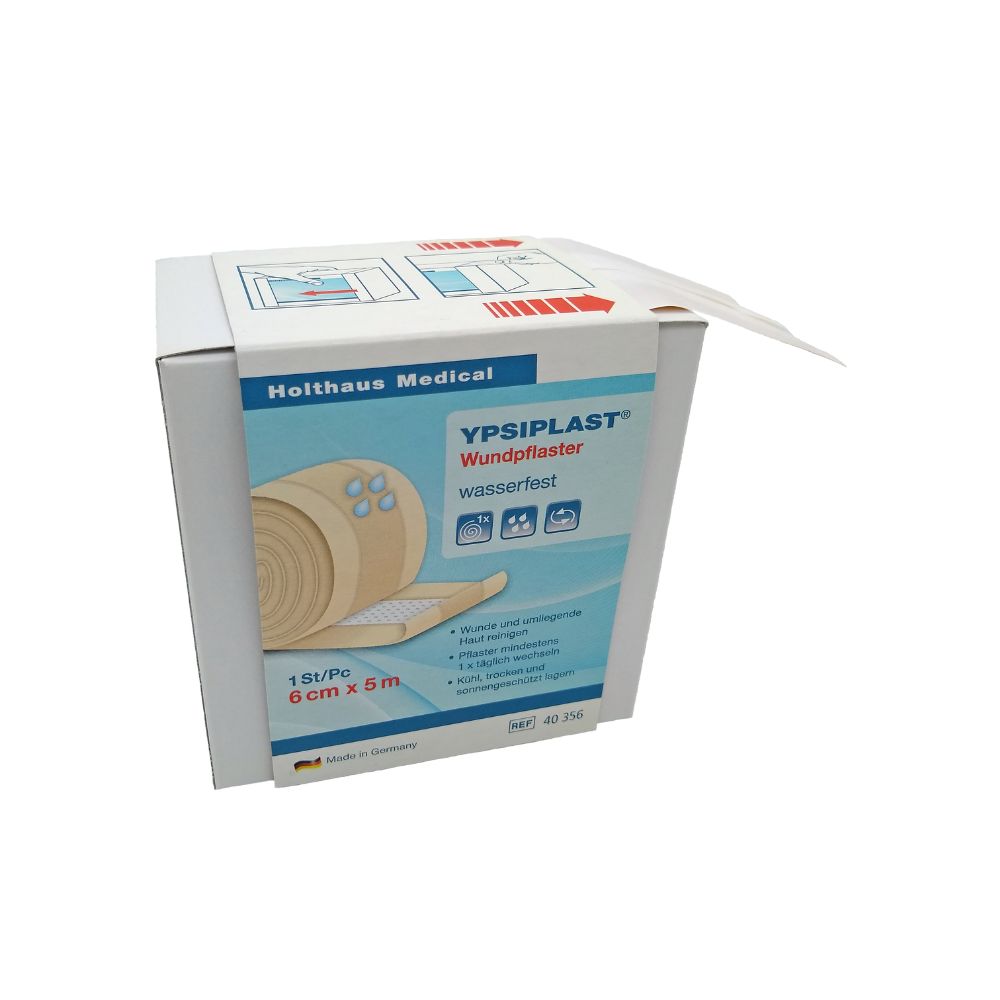 Karton mit Holthaus Medical Ypsiplast Wundpflaster. Aufschrift: wasserfest, 6 cm x 5 m. Mit Abbildungen und Piktogrammen.