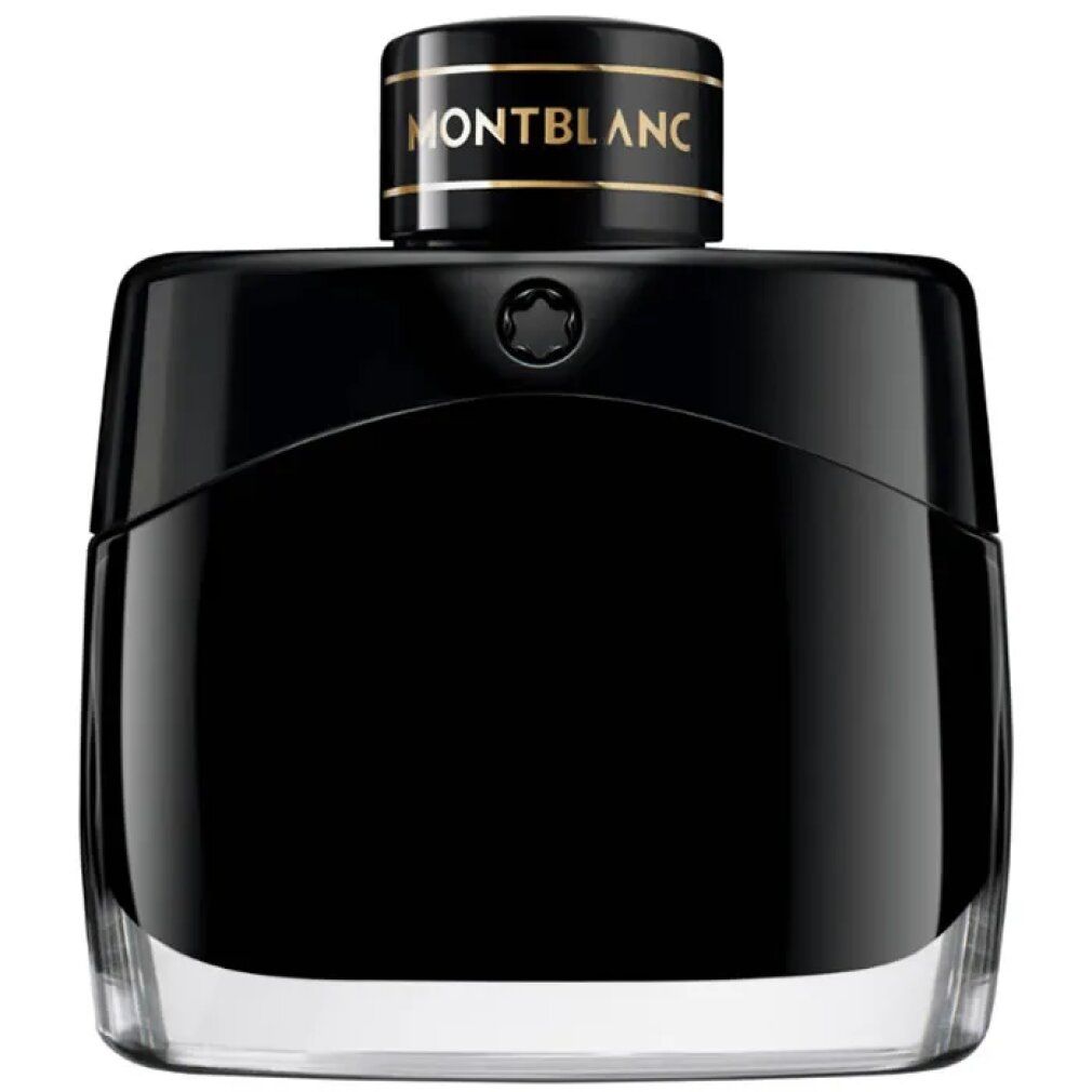 Schwarzer Flakon von Montblanc Legend Eau de Parfum. Schwarzer Deckel mit goldener Schrift. Montblanc-Logo.