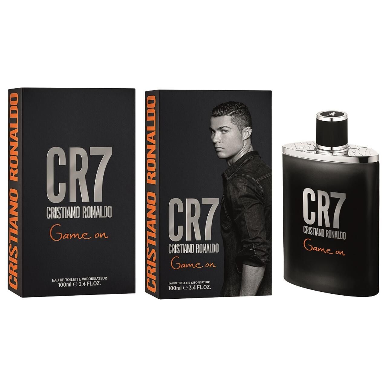 Drei Produkte: zwei schwarze Kartons und eine schwarze Flasche. Auf den Kartons steht CR7 Cristiano Ronaldo Game On. Die Flasche hat einen schwarzen Deckel.