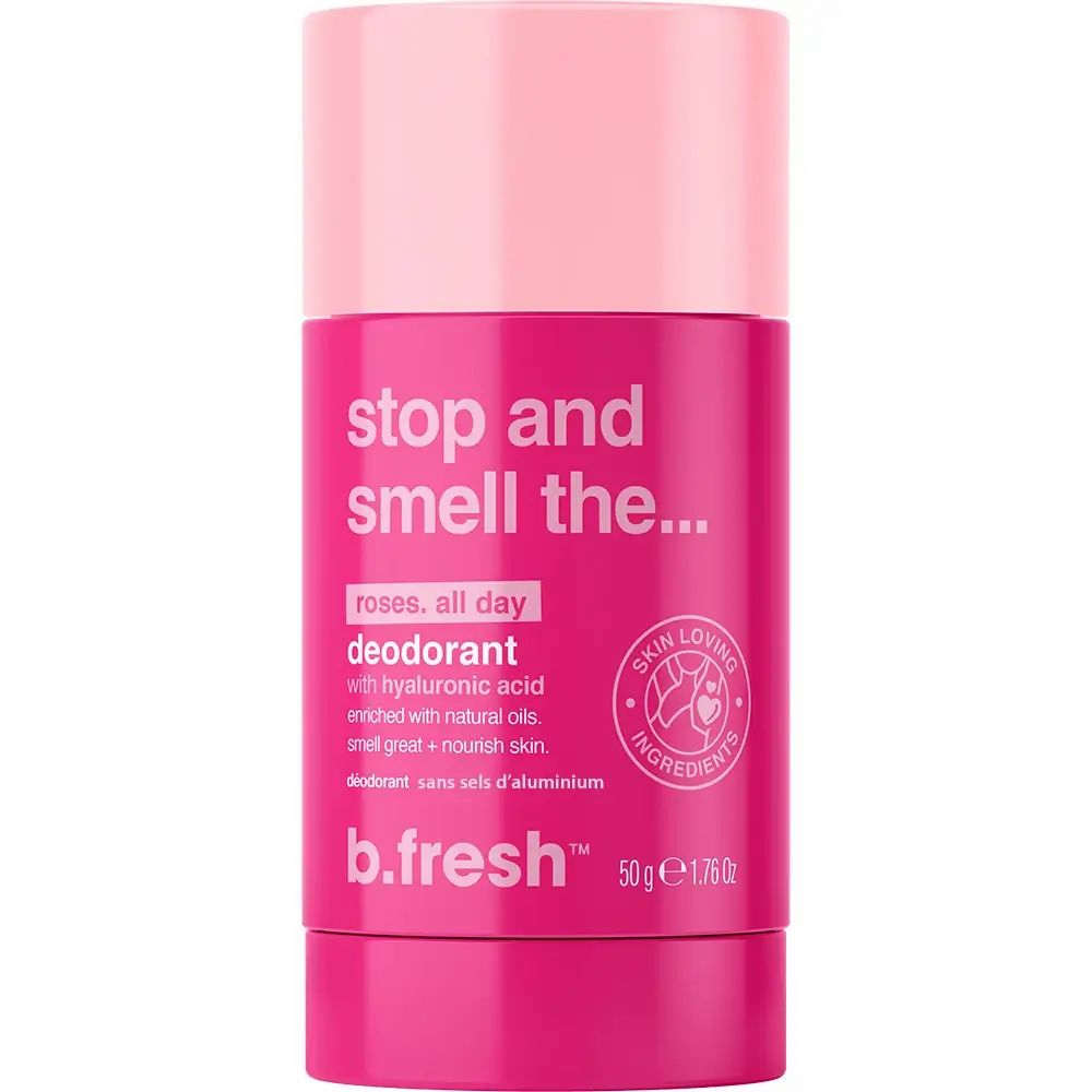 Rosa Deodorant-Stick. Rosa Verpackung, weißer Deodorant-Kopf. Text: Stop and smell the... B.fresh, 50g. Skin loving ingredients.