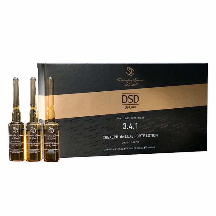 Drei Ampullen und eine Schachtel. Auf der Schachtel steht DSD de Luxe 3.4.1 Crexepil de Luxe Forte Lotion.