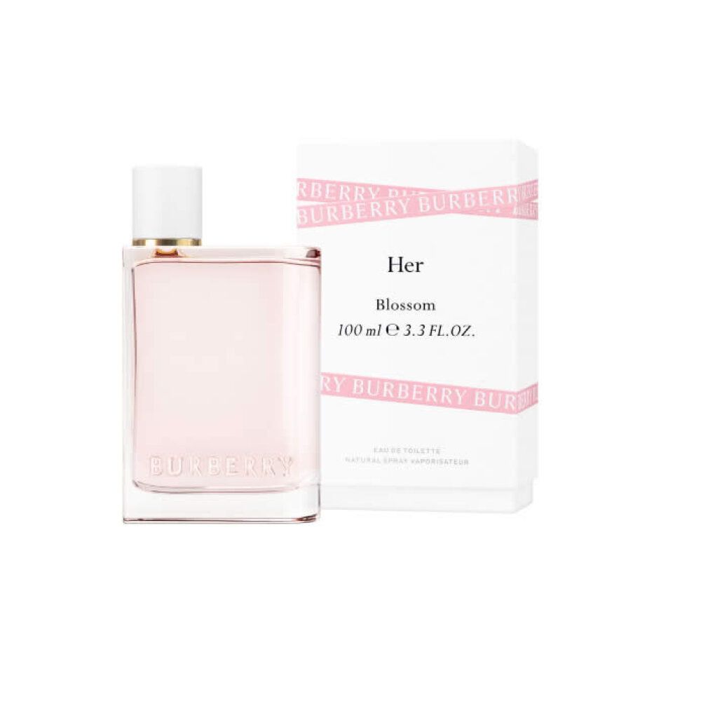Glasflakon mit rosa Flüssigkeit und weißer Verpackung. Aufschrift: Her Blossom, 100 ml, 3.3 FL.OZ. Burberry-Logo.