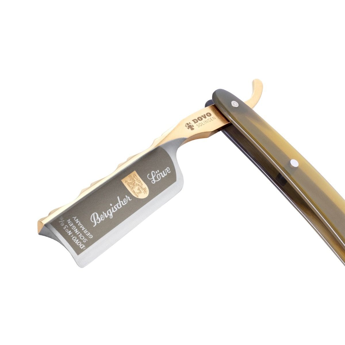 Rasiermesser mit Griff. Klinge mit Schriftzug "Bergischer Löwe" und Logo. Marke DOVO Solingen.