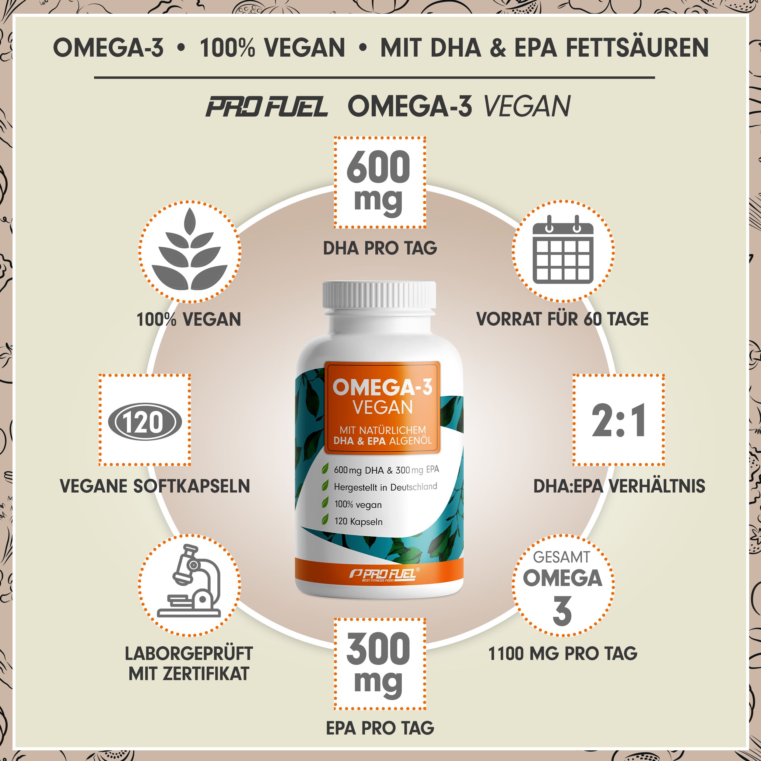 Produktabbildung mit Informationen. Weiße Flasche mit orangefarbenem Etikett. Aufschrift: OMEGA-3 VEGAN. Zusätzliche Informationen in Kreisen.