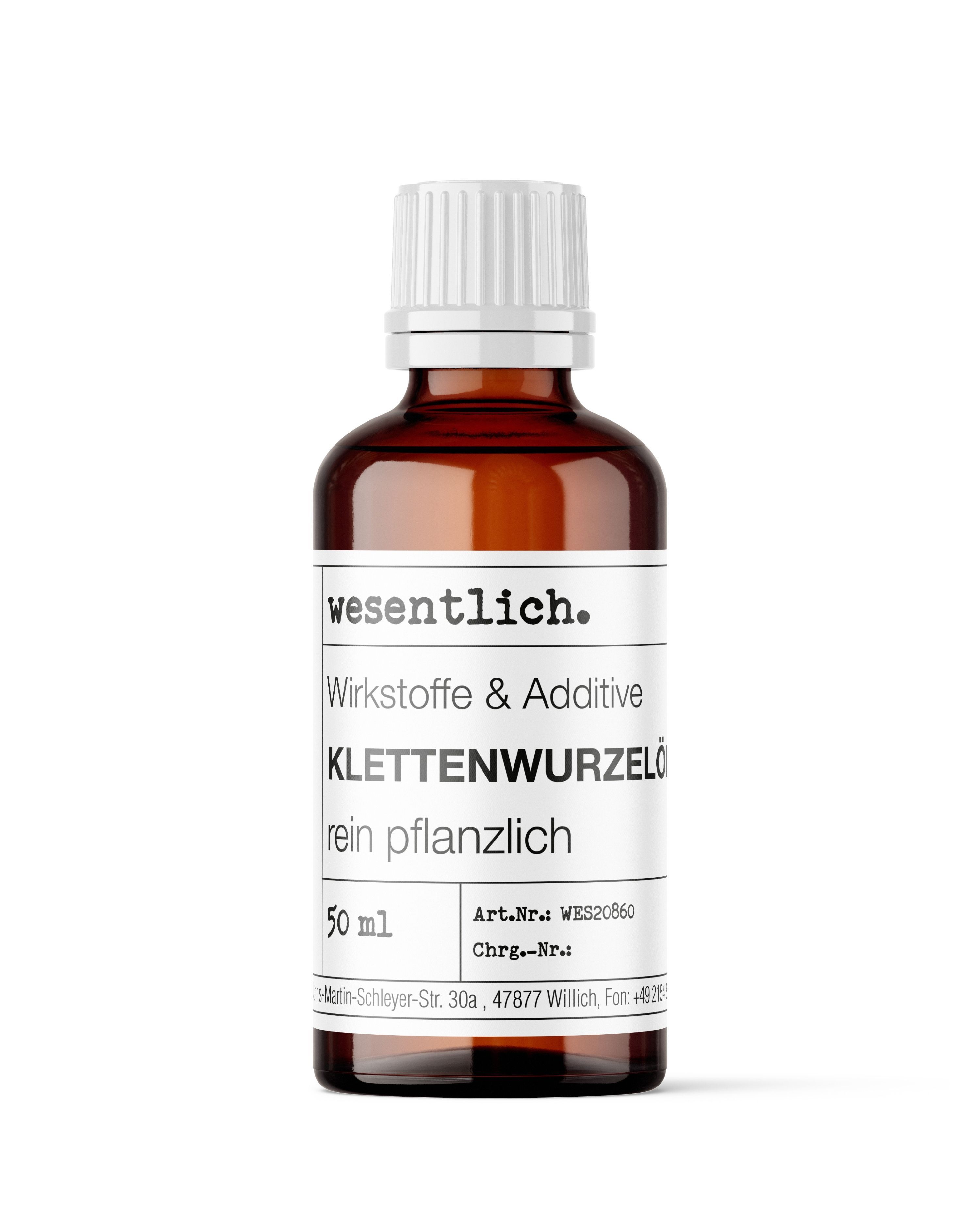 Braune Glasflasche mit weißem Schraubverschluss, 50 ml Klettenwurzelöl.