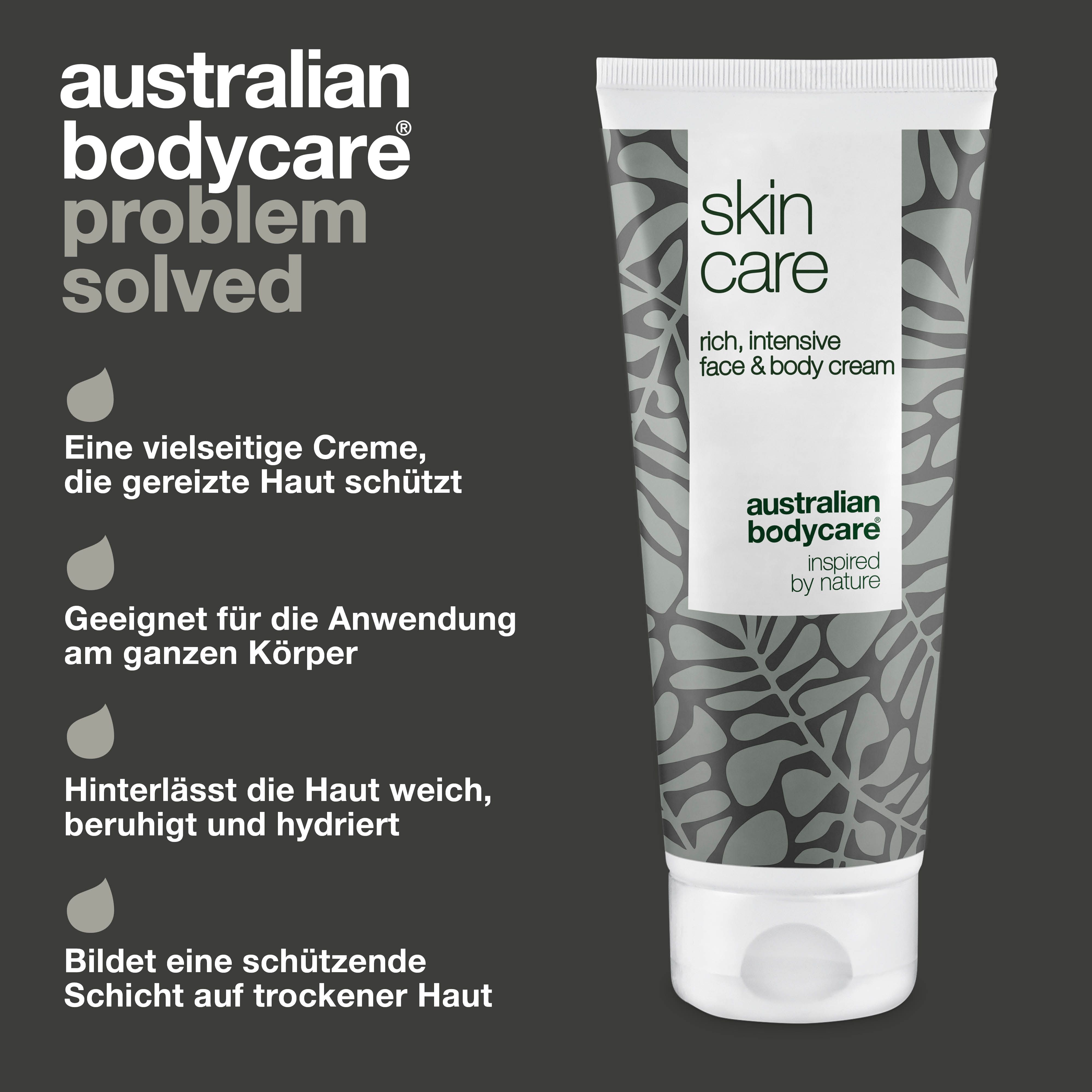 Creme-Tube neben Text. Text: Eine vielseitige Creme, die gereizte Haut schützt. Geeignet für die Anwendung am ganzen Körper. Marke: Australian Bodycare.