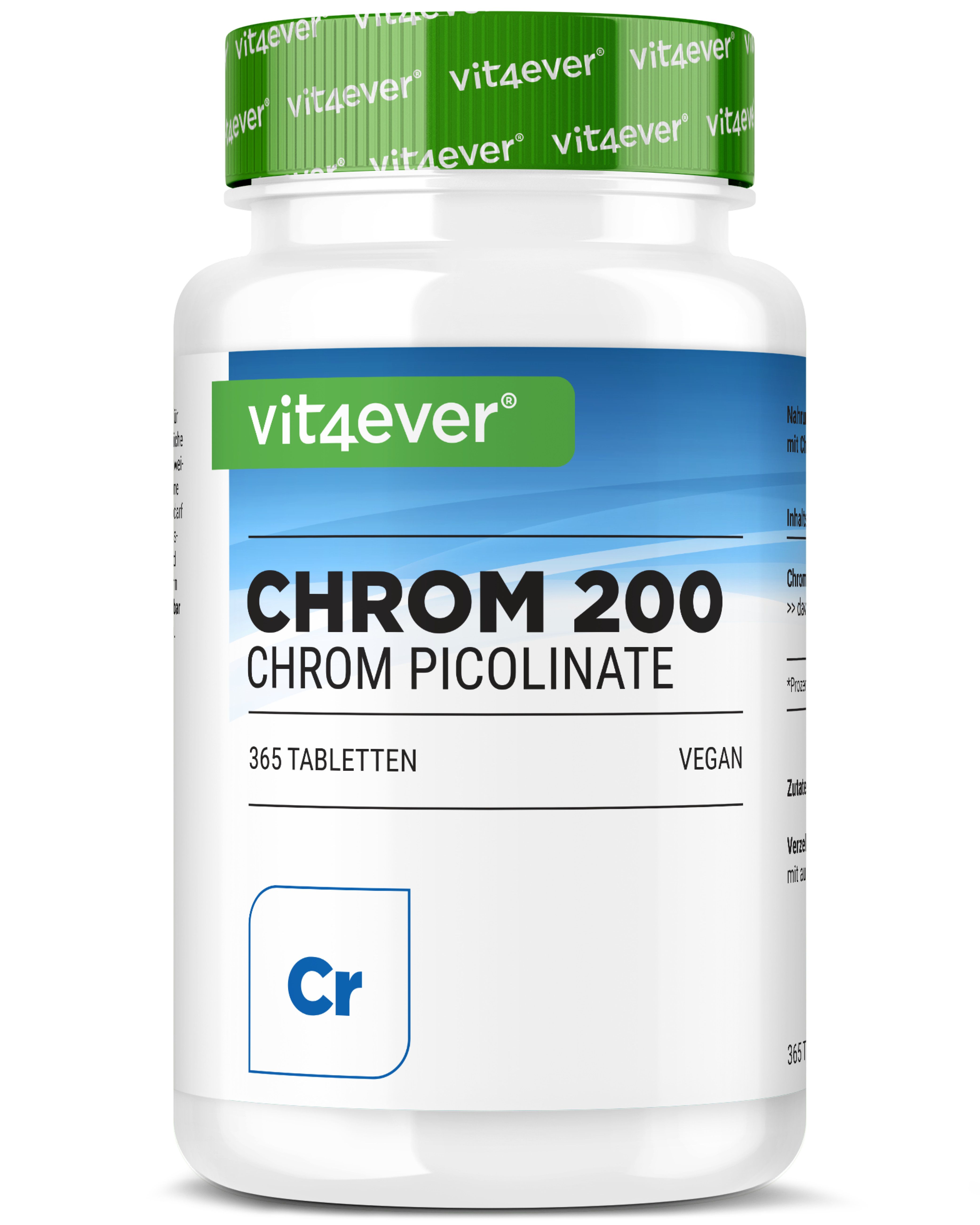 Vit4ever Chrom 200mcg Flasche mit weißem Etikett und grüner Kappe, 365 Tabletten.