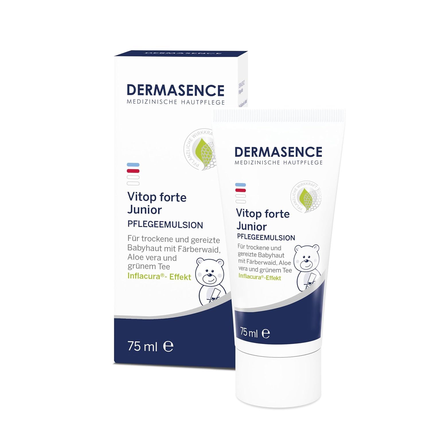 Creme-Tube und Verpackung. Text: DERMASENCE, Vitop forte Junior Pflegeemulsion, für trockene und gereizte Babyhaut.