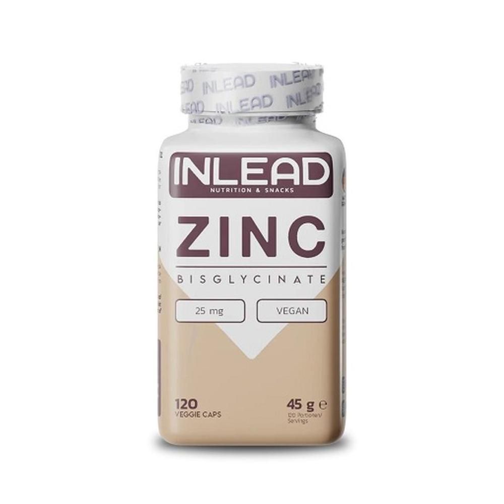 Beige Flasche mit weißem Deckel. Aufschrift: INLEAD, Zink Bisglycinate, 25 mg, vegan, 120 Kapseln, 45 g.