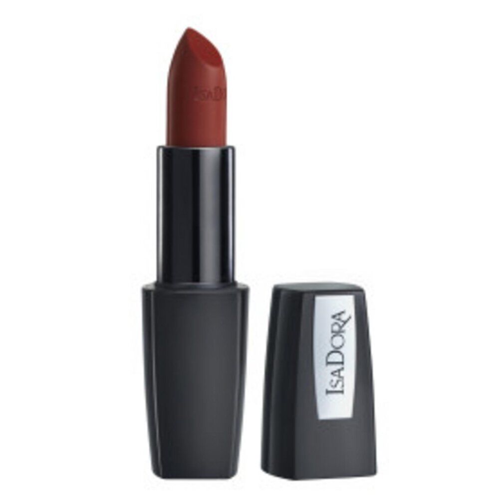 IsaDora Perfect Matt Lipstick. Schwarzer Lippenstift mit geöffneter Kappe. Roter Lippenstift-Stift sichtbar. Markenname auf dem Behälter.