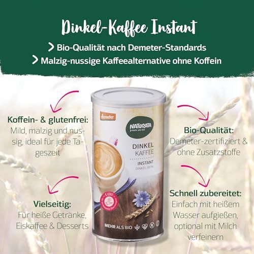 Naturata Dinkel Kaffee Instant Dose mit Kaffeeabbildung und Getreideähren.