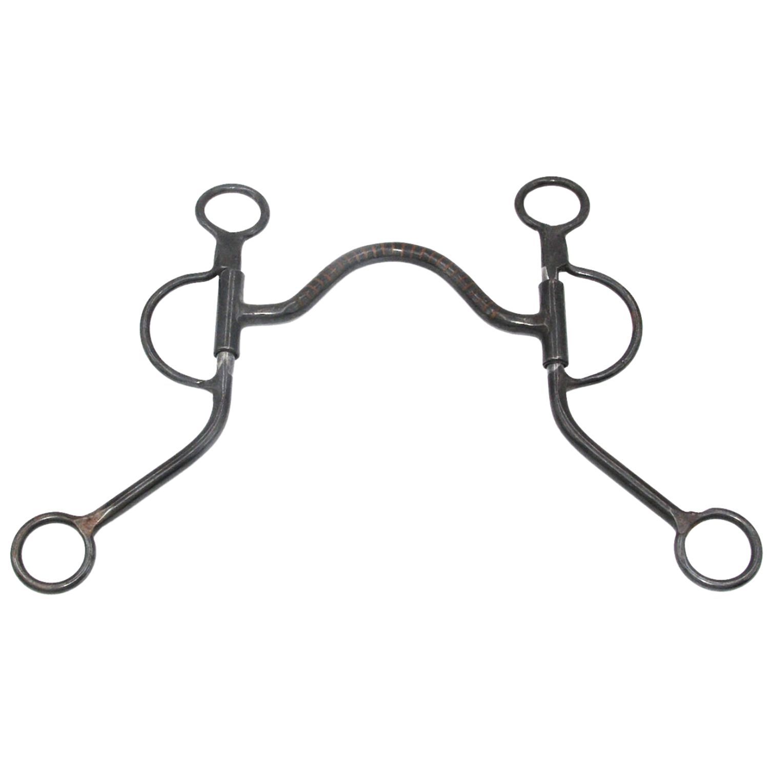 Metallgebiss mit Ringe und gebogener Stange. Kupfereinlage sichtbar. Für Pferde.