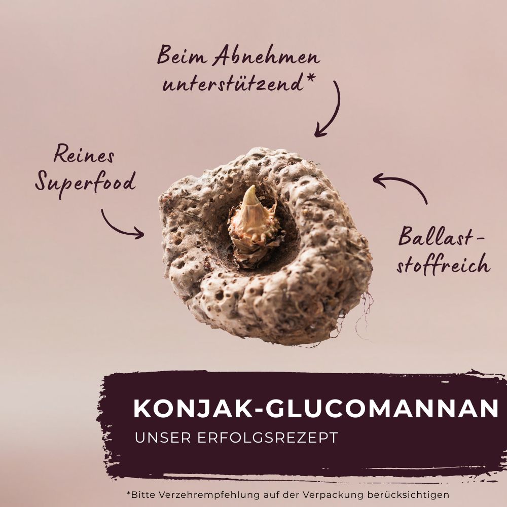 Konjak-Knolle mit Pfeilen und Text. Text: Konjak-Glucomannan, unser Erfolgsrezept. Text: Beim Abnehmen unterstützend, reines Superfood, ballaststoffreich.