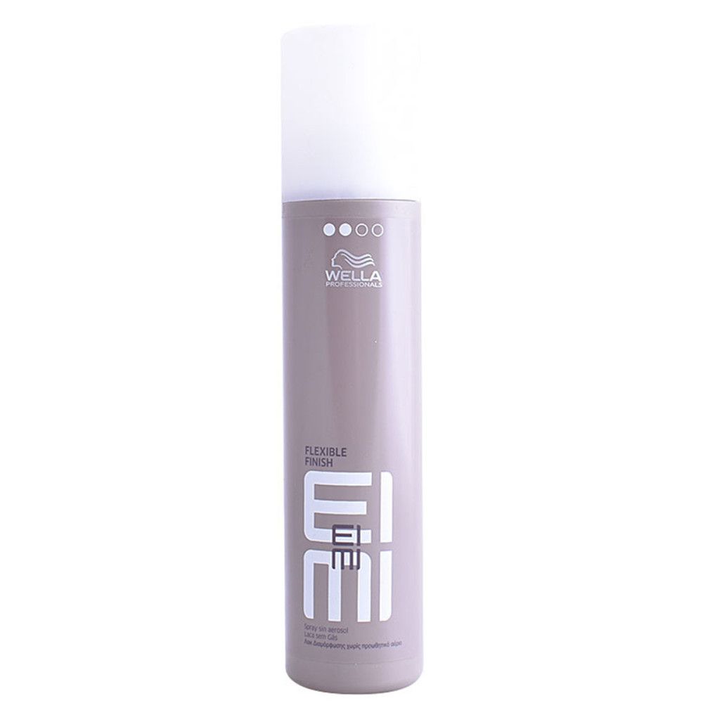 Haarspray-Flasche. Zylindrisch, grau-lila mit weißem Deckel. Beschriftung: Wella, Eimi, Flexible Finish.