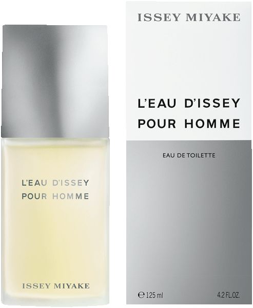 Issey Miyake L'Eau D'Issey Pour Homme Eau de Toilette Spray. Flakon und Verpackung. Text: L'EAU D'ISSEY POUR HOMME, ISSEY MIYAKE.
