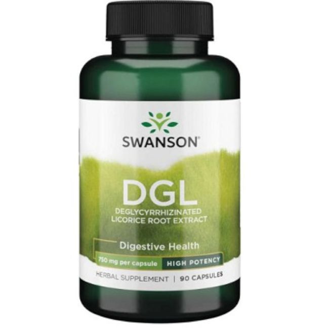 Grüne Flasche mit schwarzem Deckel. Aufschrift: SWANSON DGL, Deglycyrrhiziniertes Süßholz. 750 mg pro Kapsel, 90 Kapseln.