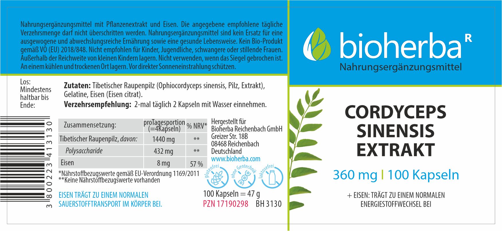 Etikett mit Produktinformationen. Bioherba Cordyceps Sinensis Extrakt Kapseln. 360 mg, 100 Kapseln. Zutaten, Verzehrempfehlung, Nährwertangaben.