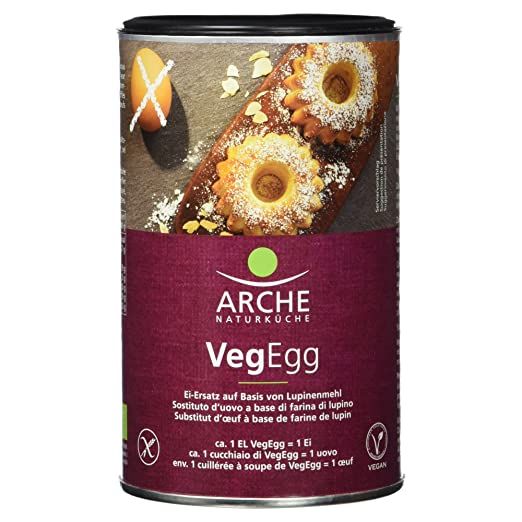 Arche VegEgg Ei-Ersatz Dose mit Abbildung von Küchlein und Ei. Text: Arche Naturküche VegEgg.