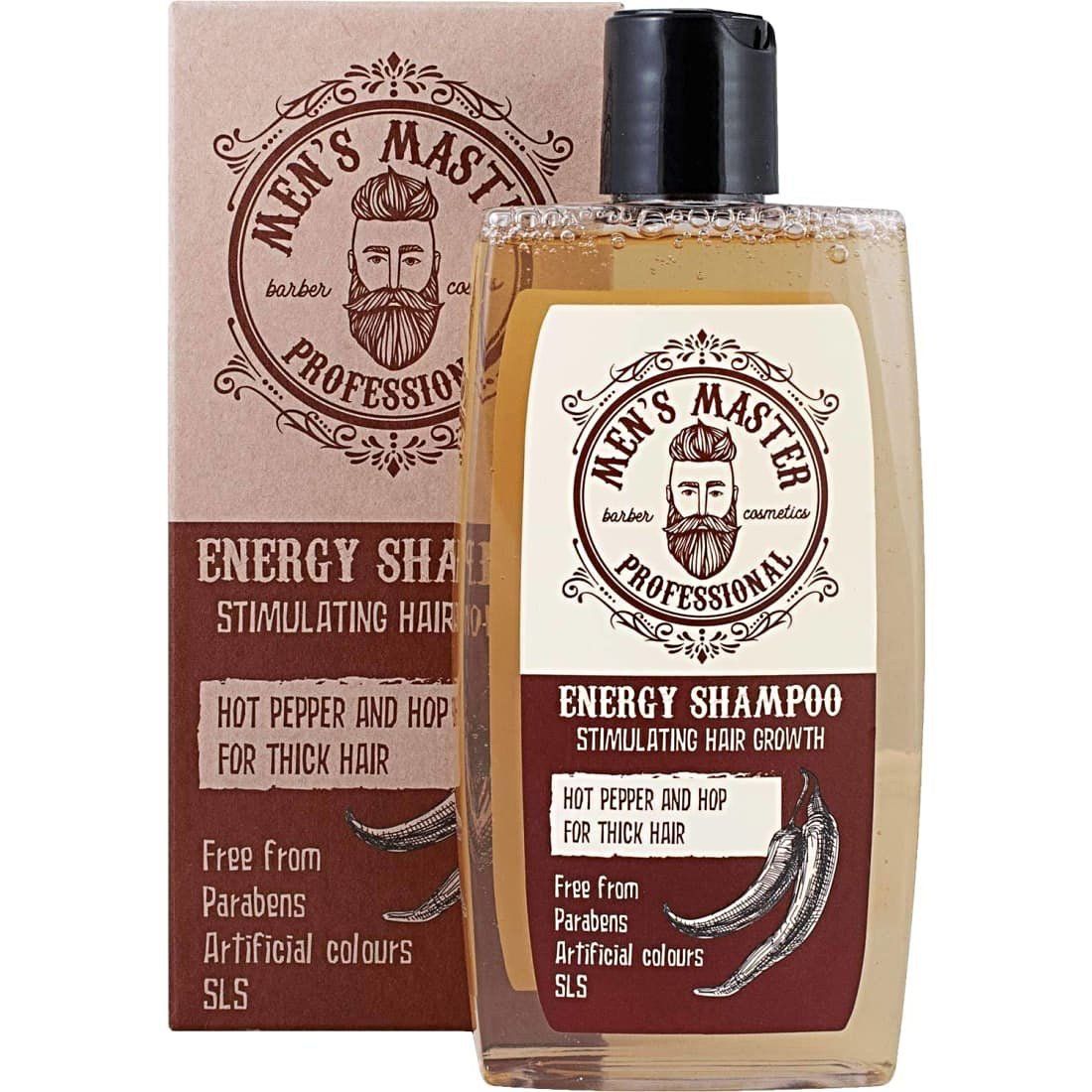 Shampoo-Flasche und Karton. Aufschrift: Men's Master Professional Energy Shampoo. Enthält Chili und Hopfen. Frei von Parabenen, künstlichen Farbstoffen, SLS.