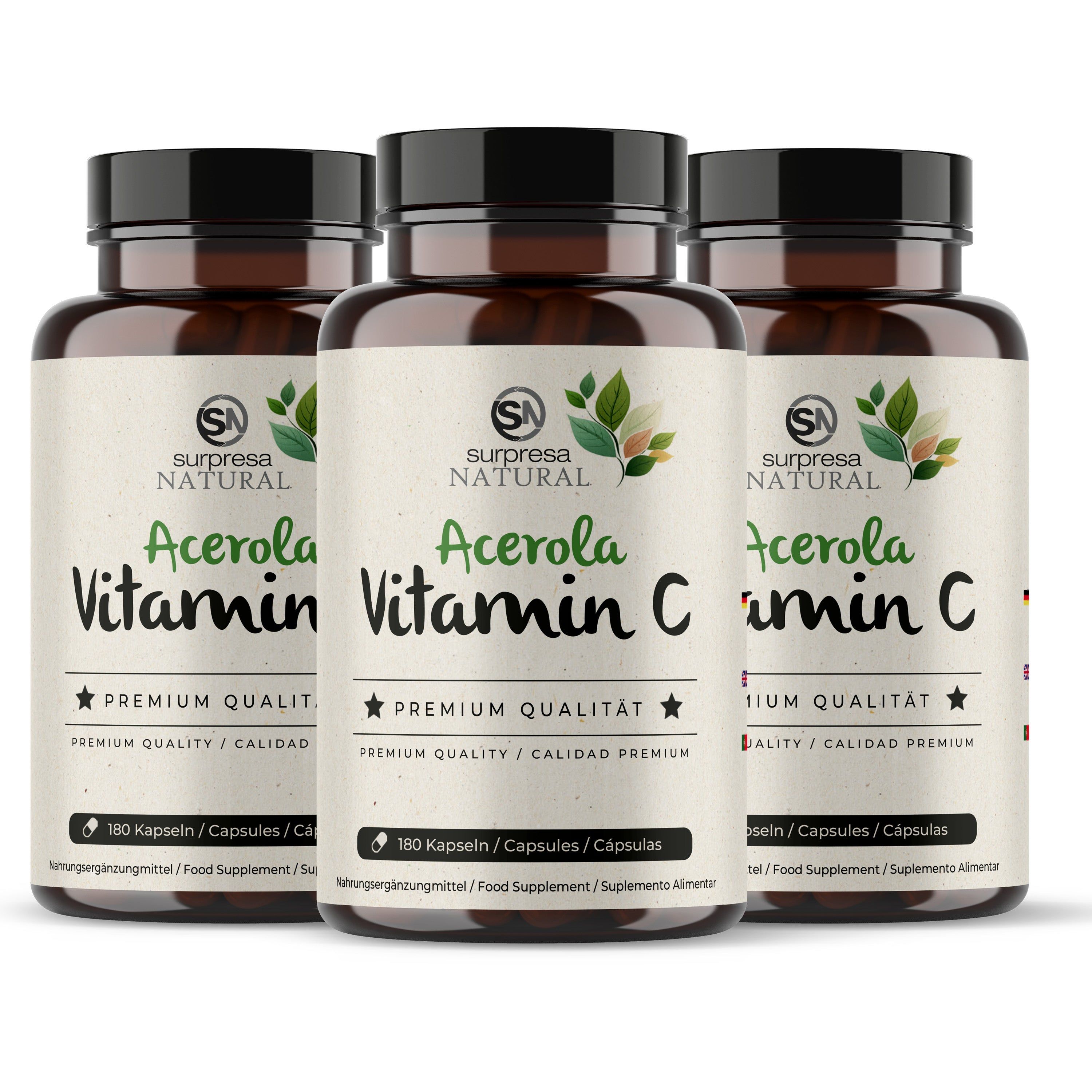 Drei braune Dosen Surpresa Natural Vitamin C Acerola Kapseln nebeneinander.