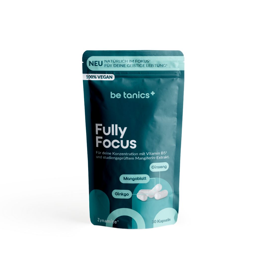 Beutel mit "be tanics+ Fully Focus" Kapseln. Aufschrift: "100% vegan". Enthält Ginkgo, Ginseng und Mangoblatt. 30 Kapseln.