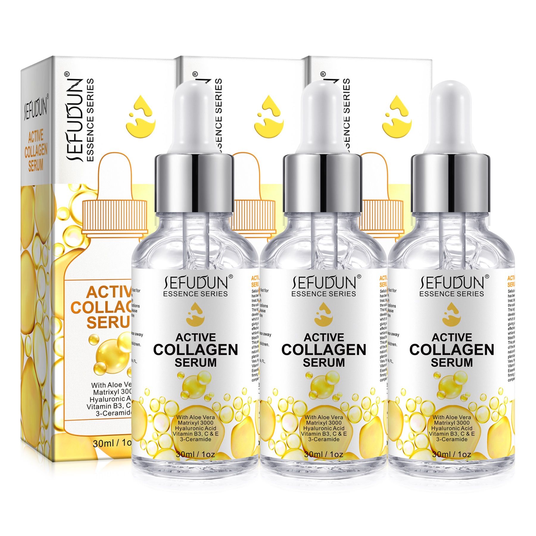 Drei Flaschen Serum mit Tropfer, in Verpackung. Aufschrift: Active Collagen Serum. Marke: SEFUDUN.