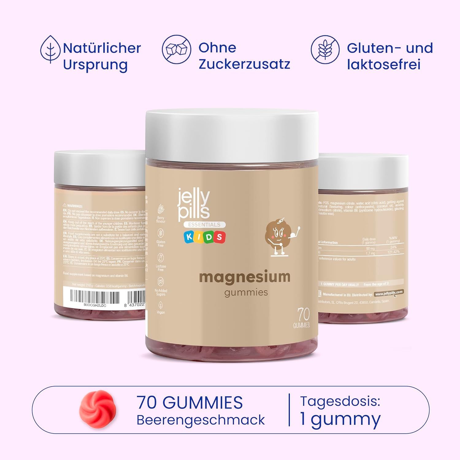 Drei Behälter Jelly Pills Magnesium Gummis Kinder. Aufschrift: Magnesium Gummis, 70 Gummies. 1 Gummie pro Tag.