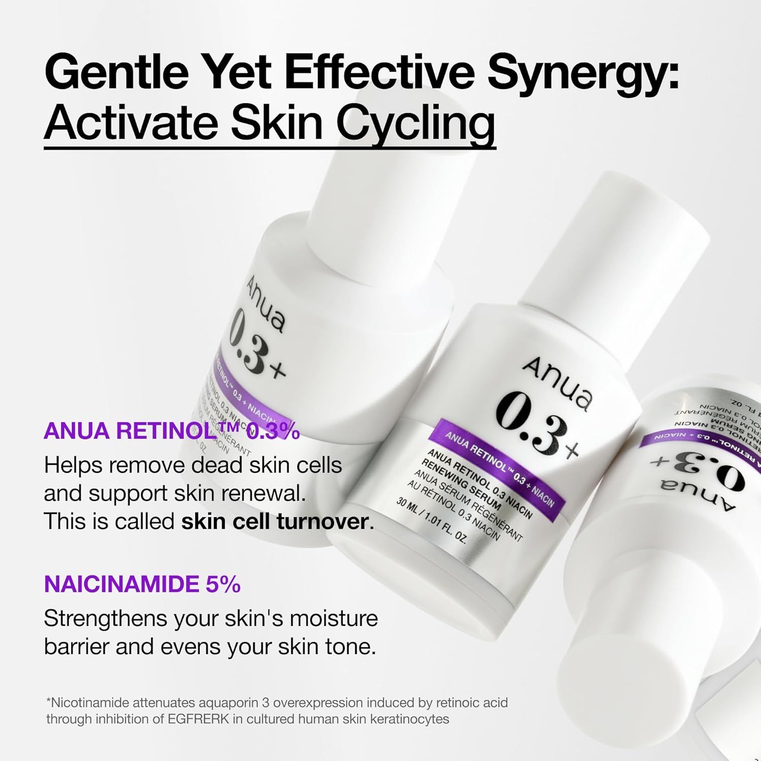 Drei weiße Flaschen mit silbernen Deckeln. Aufschrift: Anua 0.3+ Retinol Niacin Renewing Serum. Lila Etikett. Auf weißem Hintergrund.