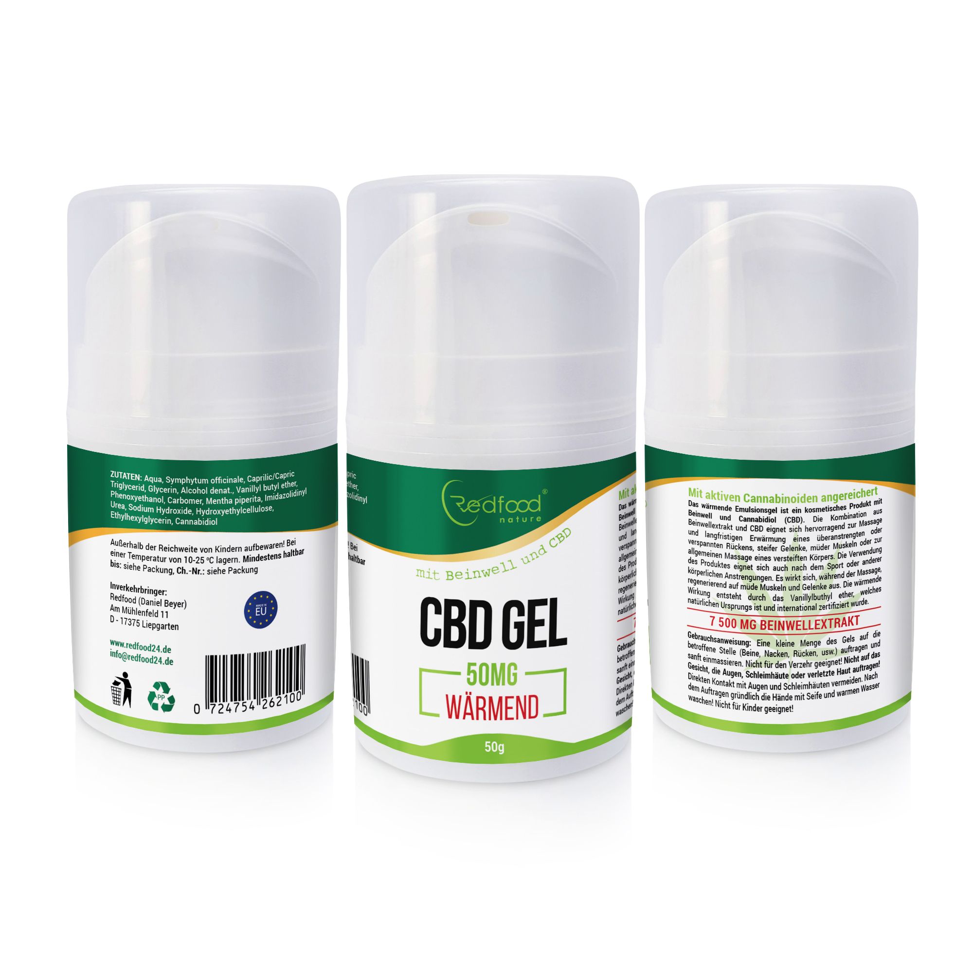 Drei weiße Tiegel mit grünem Etikett. Aufschrift: Redfood, CBD Gel, 50mg wärmend. Rückseite mit Text.