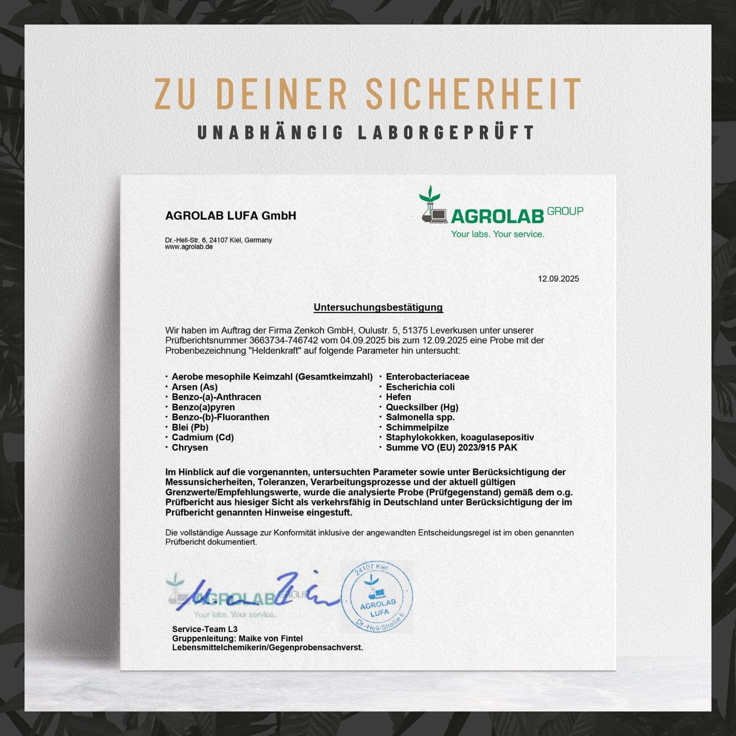 Zertifizierungsdokument der Agrolab LUFA GmbH. Unterschriften, Logo und Angaben zu den untersuchten Parametern.