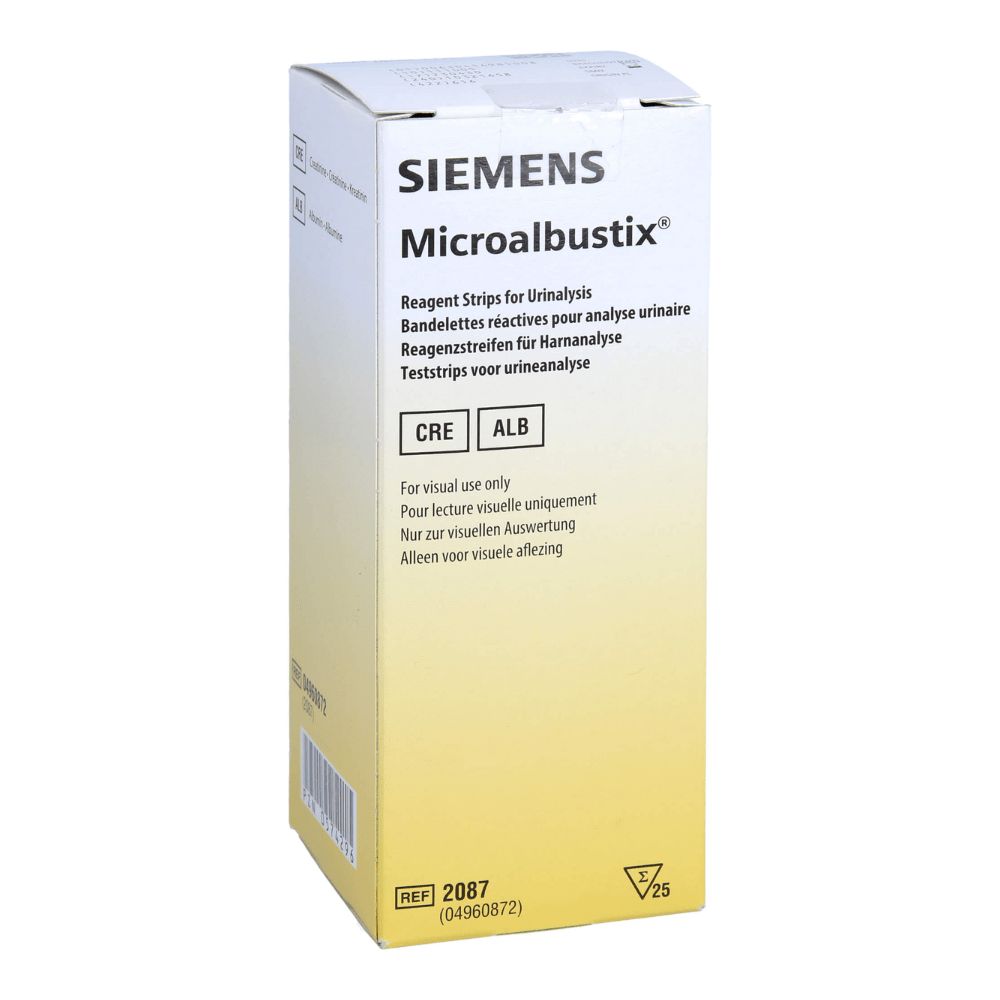 Karton mit Teststreifen. Aufschrift: SIEMENS Microalbustix. Für Urinanalyse. Enthält 25 Teststreifen.