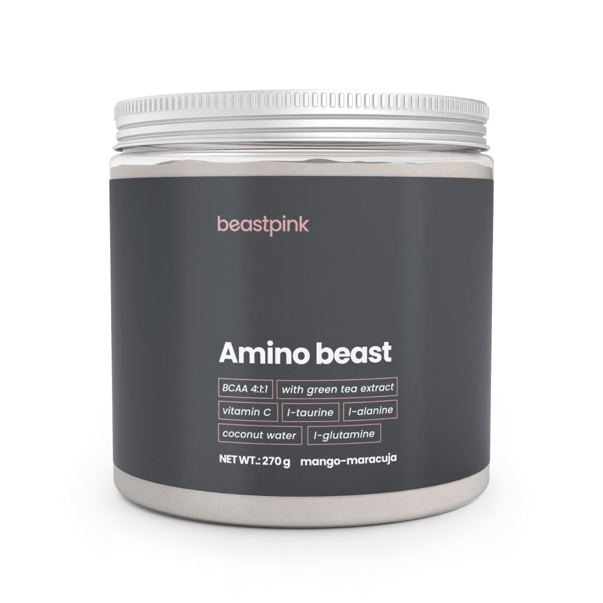 Dunkler Behälter mit silbernem Deckel, beschriftet mit "Amino beast", BCAA 4:1:1, Vitamin C, L-Taurin, L-Glutamin, Kokoswasser.