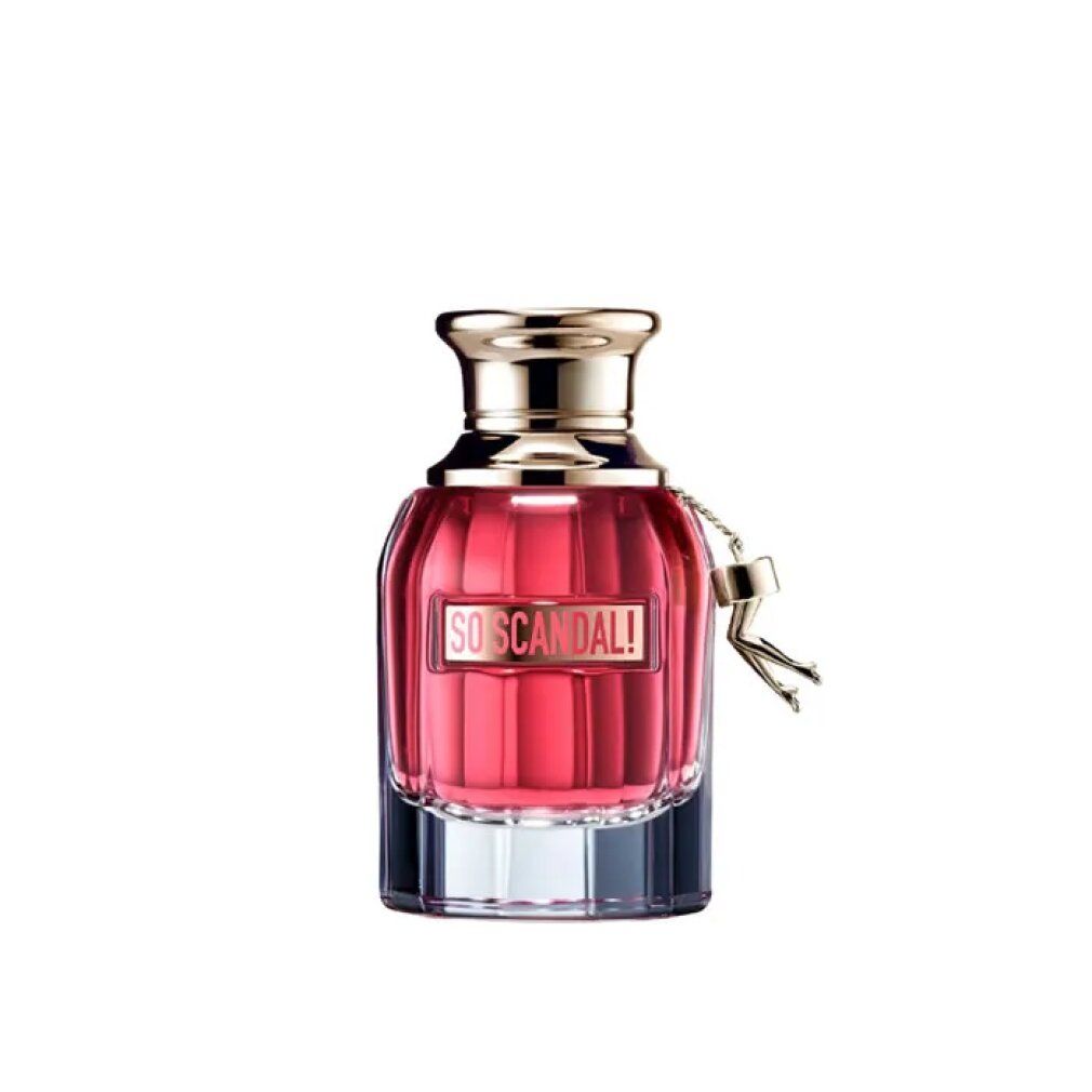 Jean Paul Gaultier So Scandal! Flakon mit goldfarbenem Verschluss und Anhänger. Roter Duft.