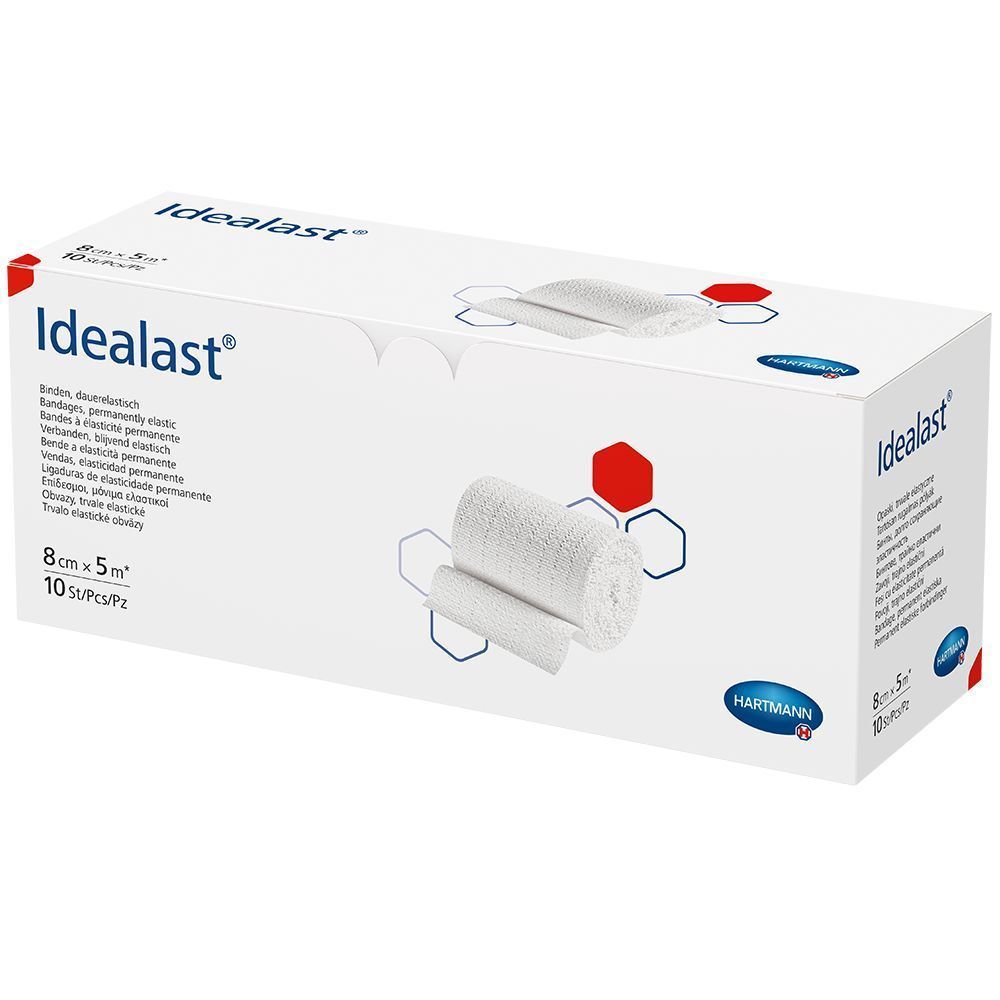 Weißer Verband in Verpackung. Aufschrift Idealast, 8 cm x 5 m, 10 Stück. Hartmann Logo.