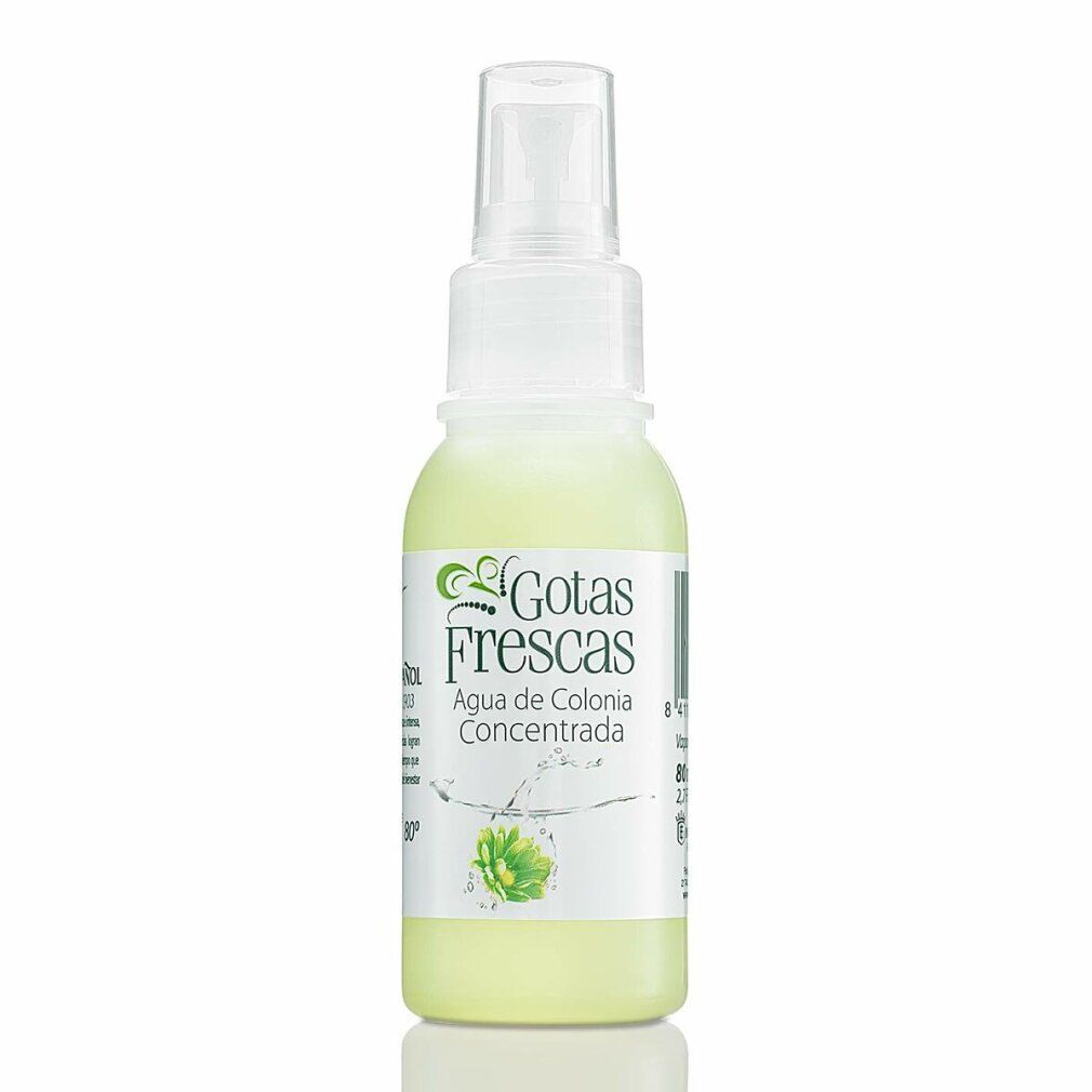 Weiße Sprühflasche mit klarer Flüssigkeit. Aufschrift: Gotas Frescas, Agua de Colonia Concentrada.