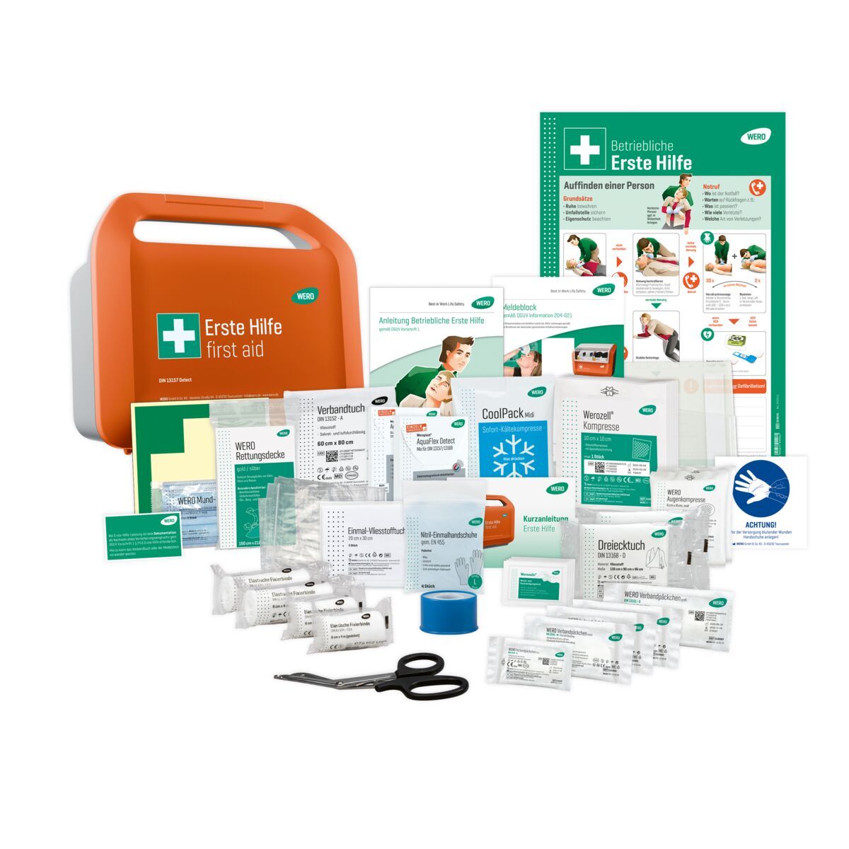 Erste-Hilfe-Set. Orangefarbene Box mit Griff, Inhalt: Verbandsmaterial, Schere, Broschüren. Grün-weißes Erste-Hilfe-Schild.
