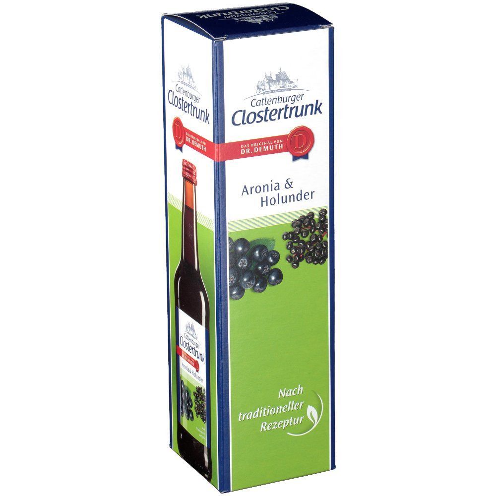 Karton mit Aufdruck. "Clostertrunk Aronia & Holunder" mit Flaschenabbildung. Text in Deutsch. Flasche mit roter Kappe.