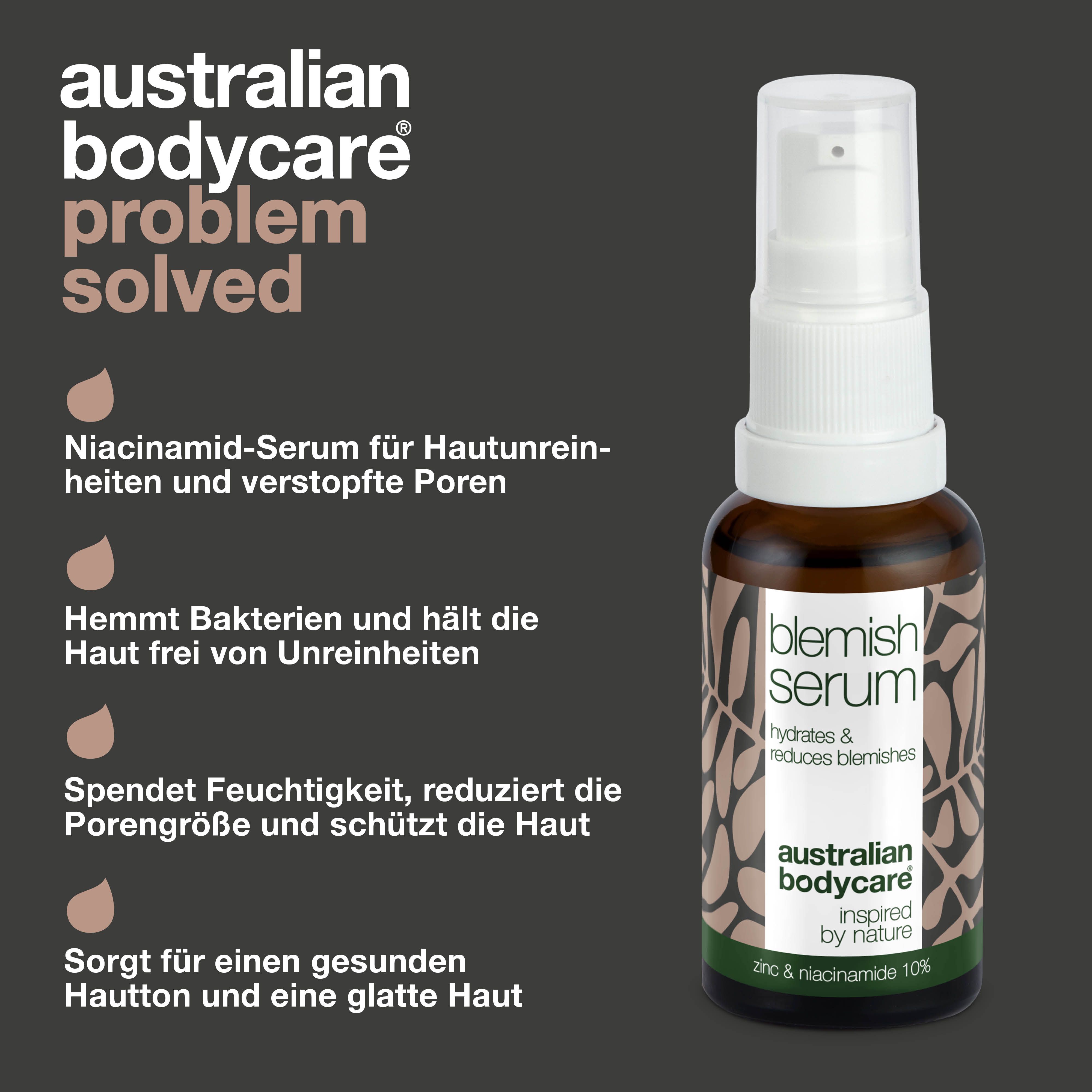 Produktinformationen und Serumflasche. Aufschrift: Blemish Serum, Australian Bodycare.