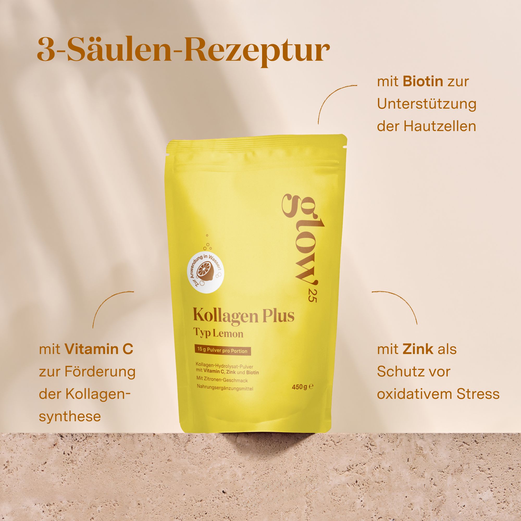 Glow25 Kollagen Plus Typ Lemon Pulver in gelber Verpackung mit Hinweisen zu Vitamin C, Zink und Biotin.