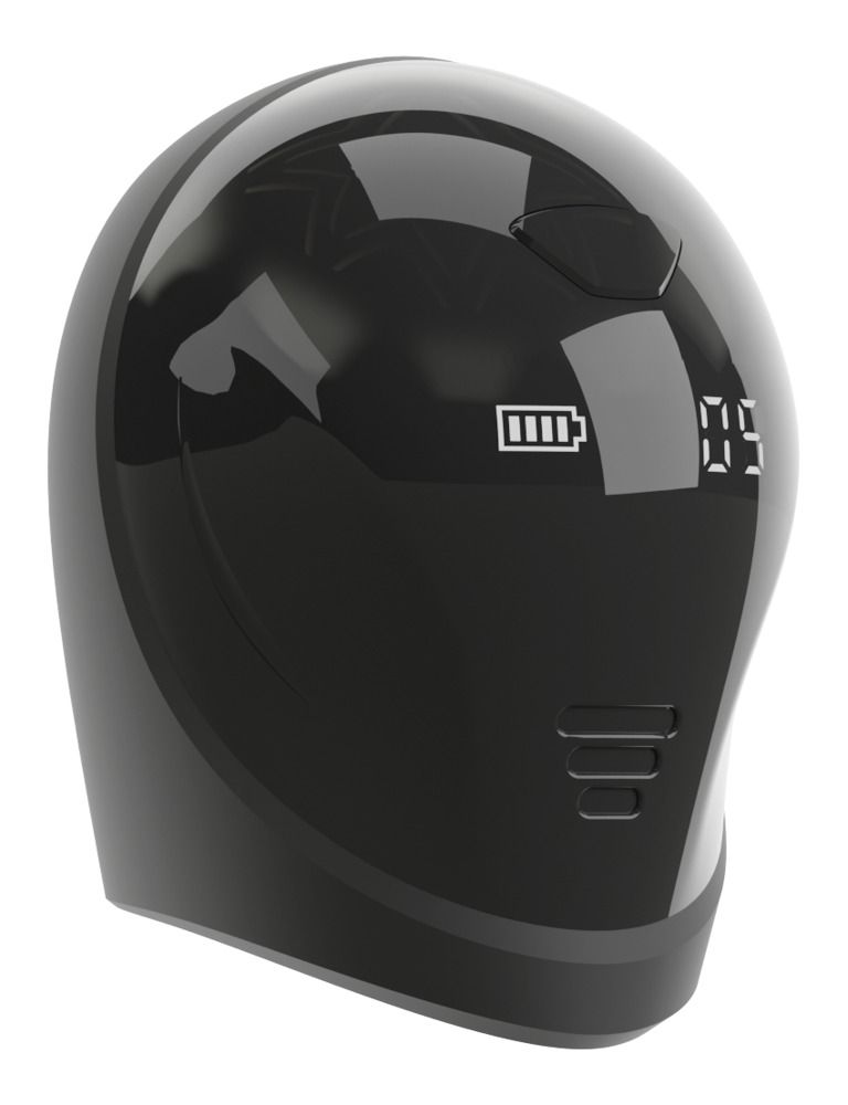 Seitenansicht des schwarzen Masturbationstrainers mit digitaler Anzeige.