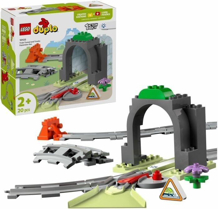 LEGO Duplo-Erweiterungsset mit Tunnel, Gleisen und Zubehör. Enthält 20 Teile. Produkt und Verpackung abgebildet.