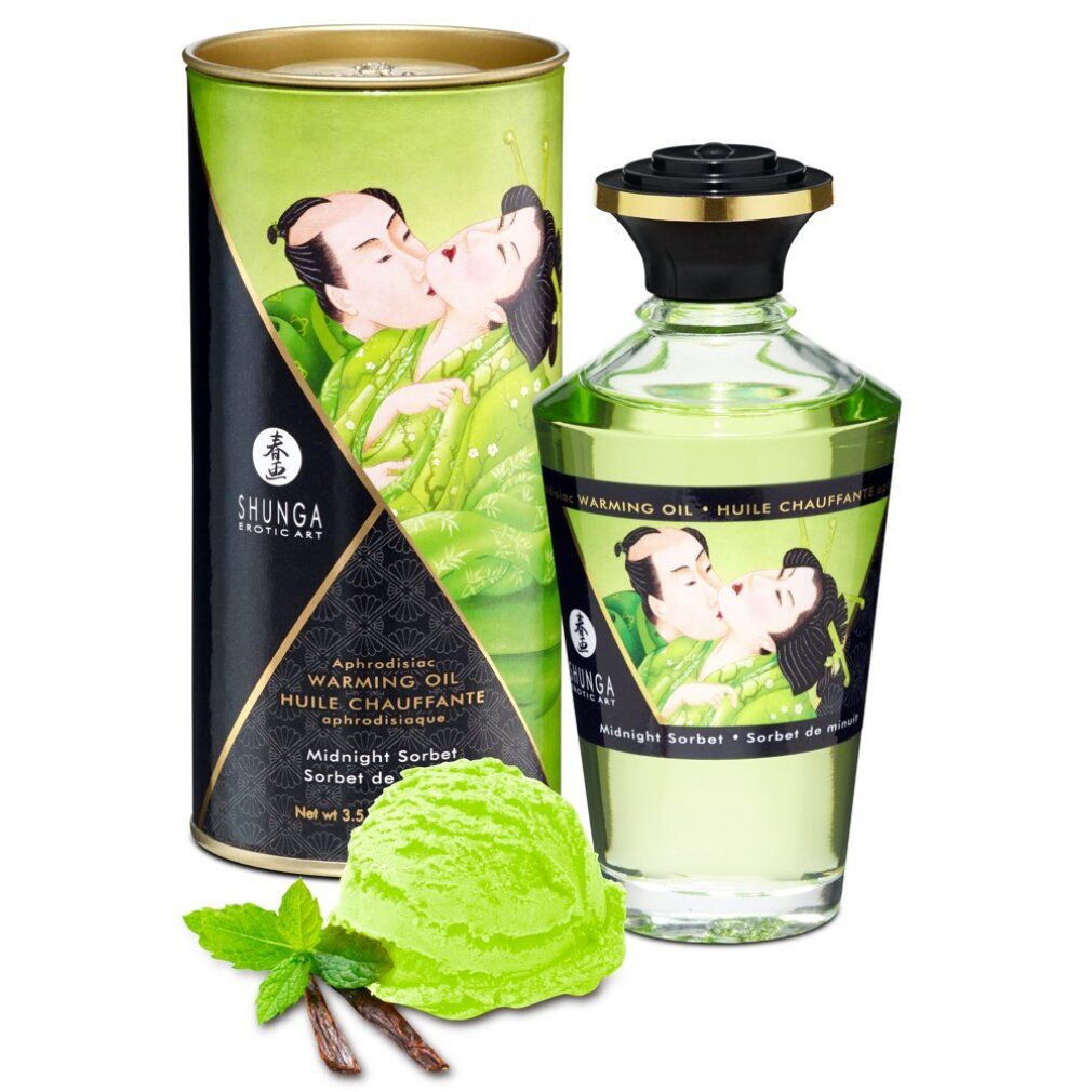 Glasflasche und Verpackung. Aufschrift: Shunga, Warming Oil, Midnight Sorbet. Eiscreme und Kräuter daneben.